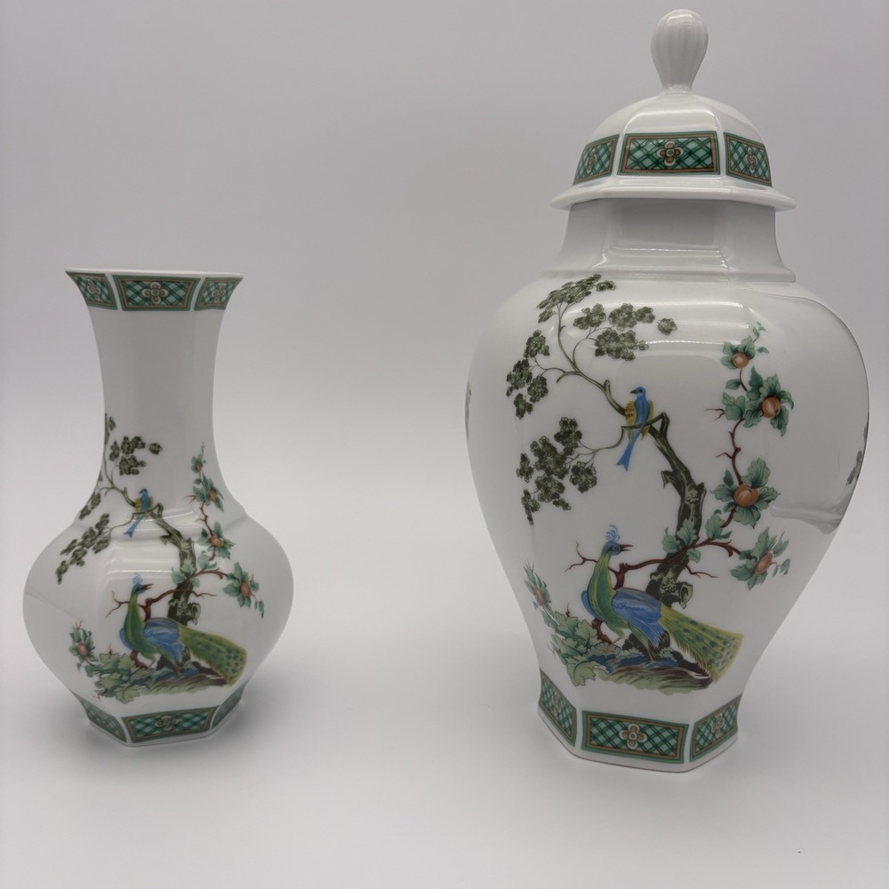 Vintage Johann Seltmann Bavaria Peacock Vase & Lidded Ginger Jar Set 303 W.Ger
